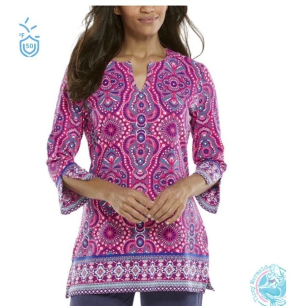 Coolibar Womens St. Lucia Tunic Top Pink Purple Paisley UPF 50+ Large